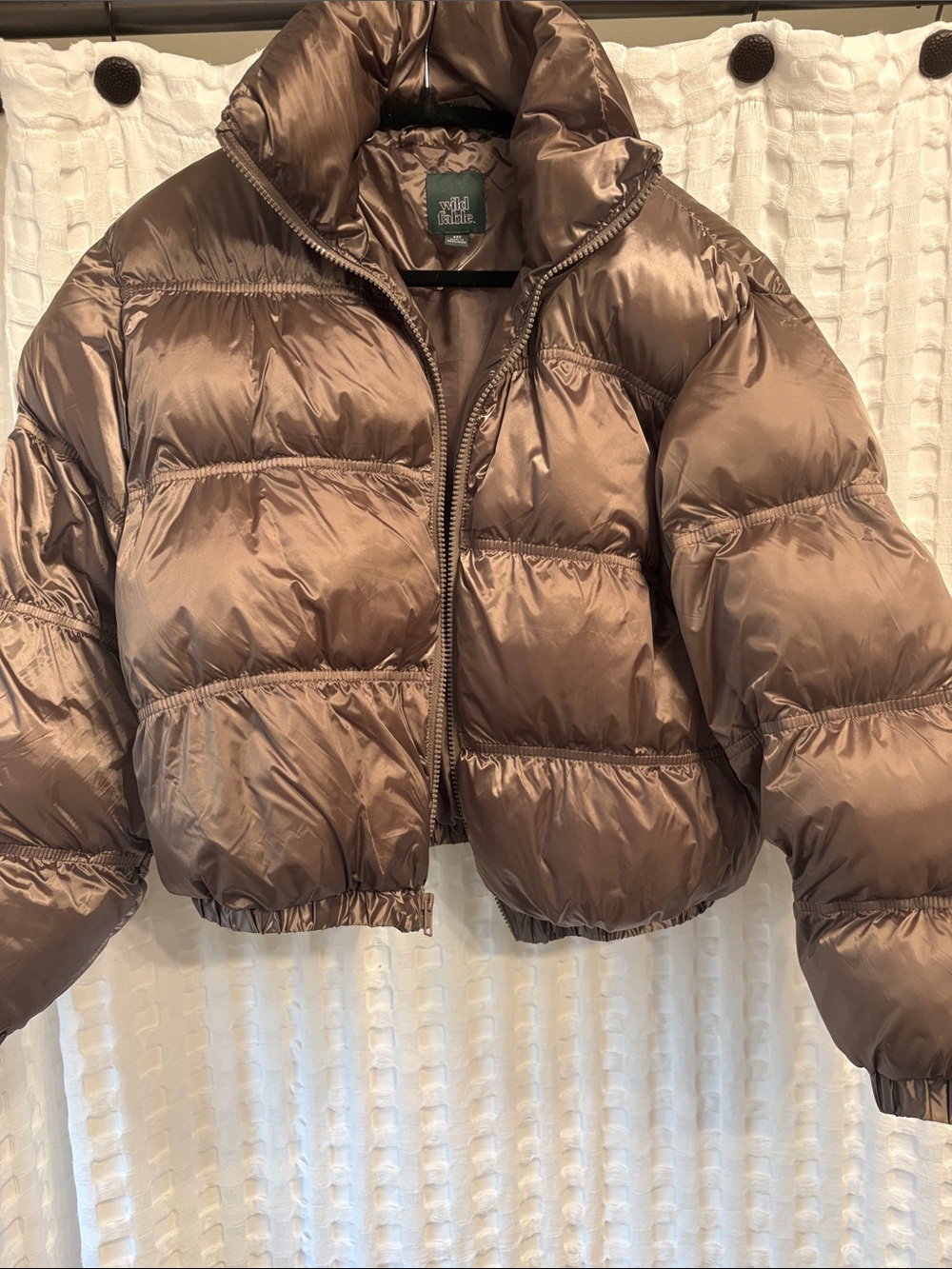 wild fable Shiny Cropped Puffer Jacket in Brown